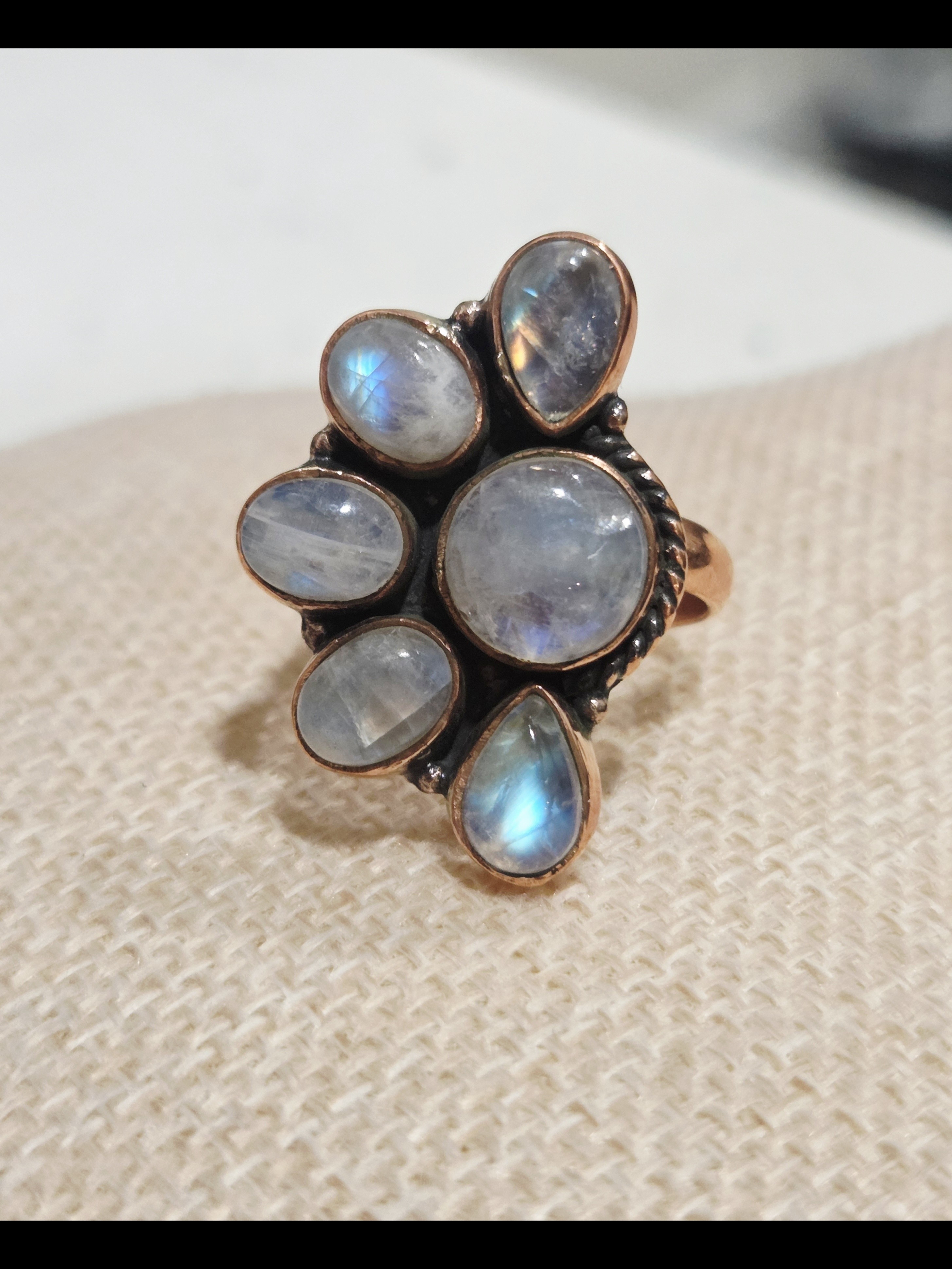 Silver And Blue Moonstone Cluster Ring